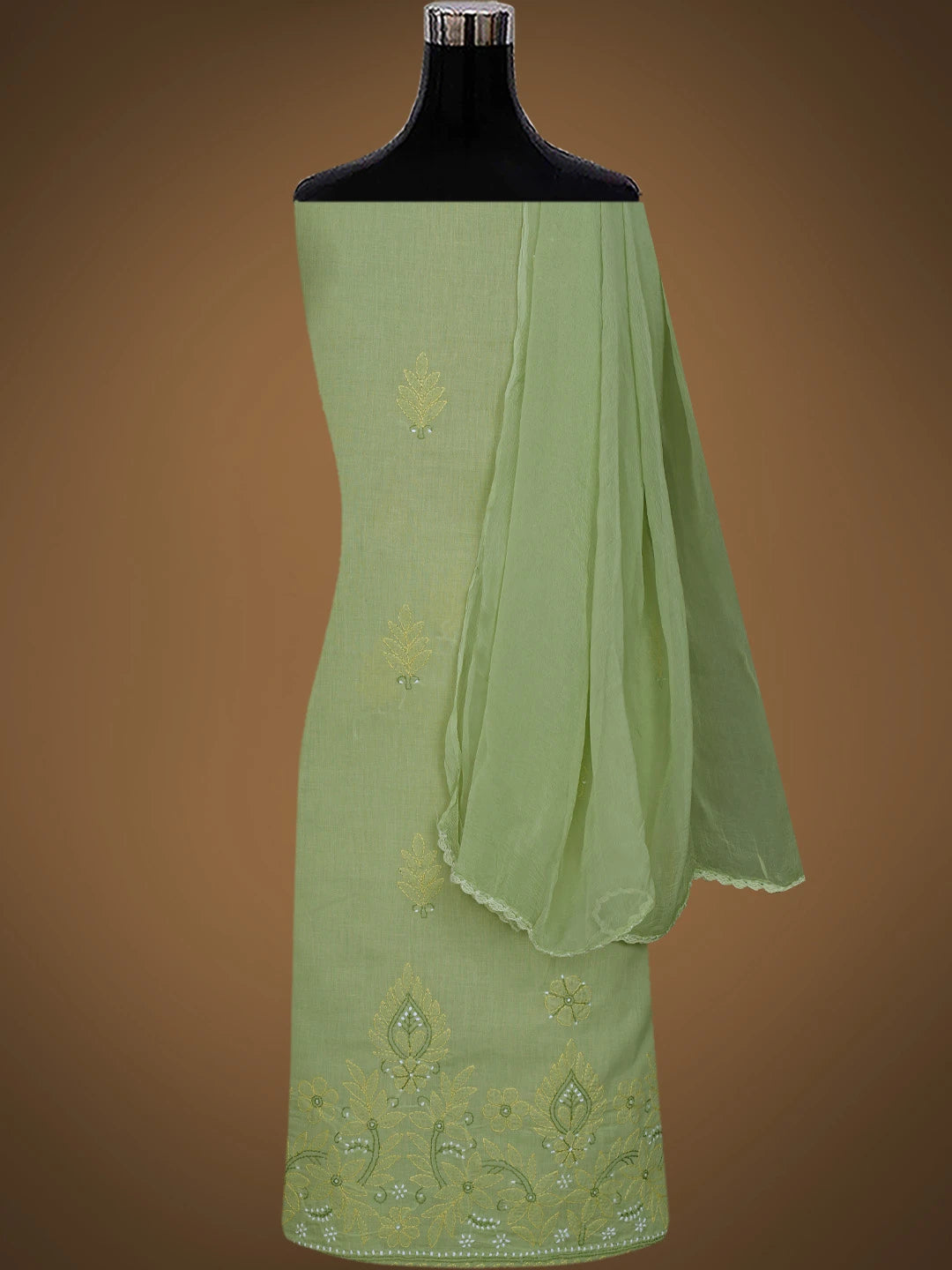 Ada Hand Embroidered Green Cotton Lucknowi Chikankari Unstitched Suit Piece 01A818801