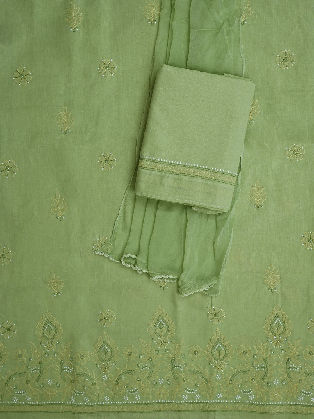 Ada Hand Embroidered Green Cotton Lucknowi Chikankari Unstitched Suit Piece 01A818801