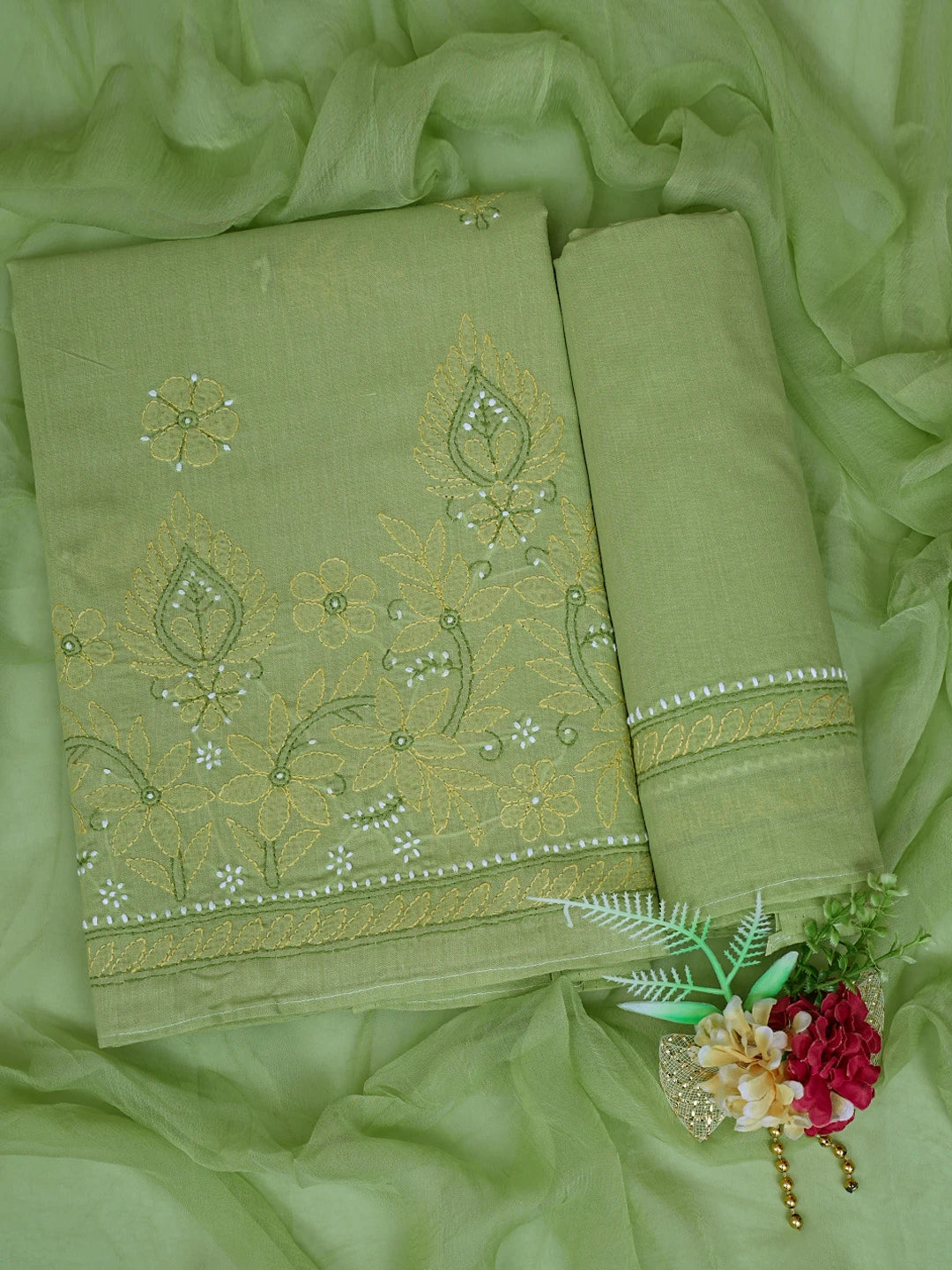 Ada Hand Embroidered Green Cotton Lucknowi Chikankari Unstitched Suit Piece 01A818801