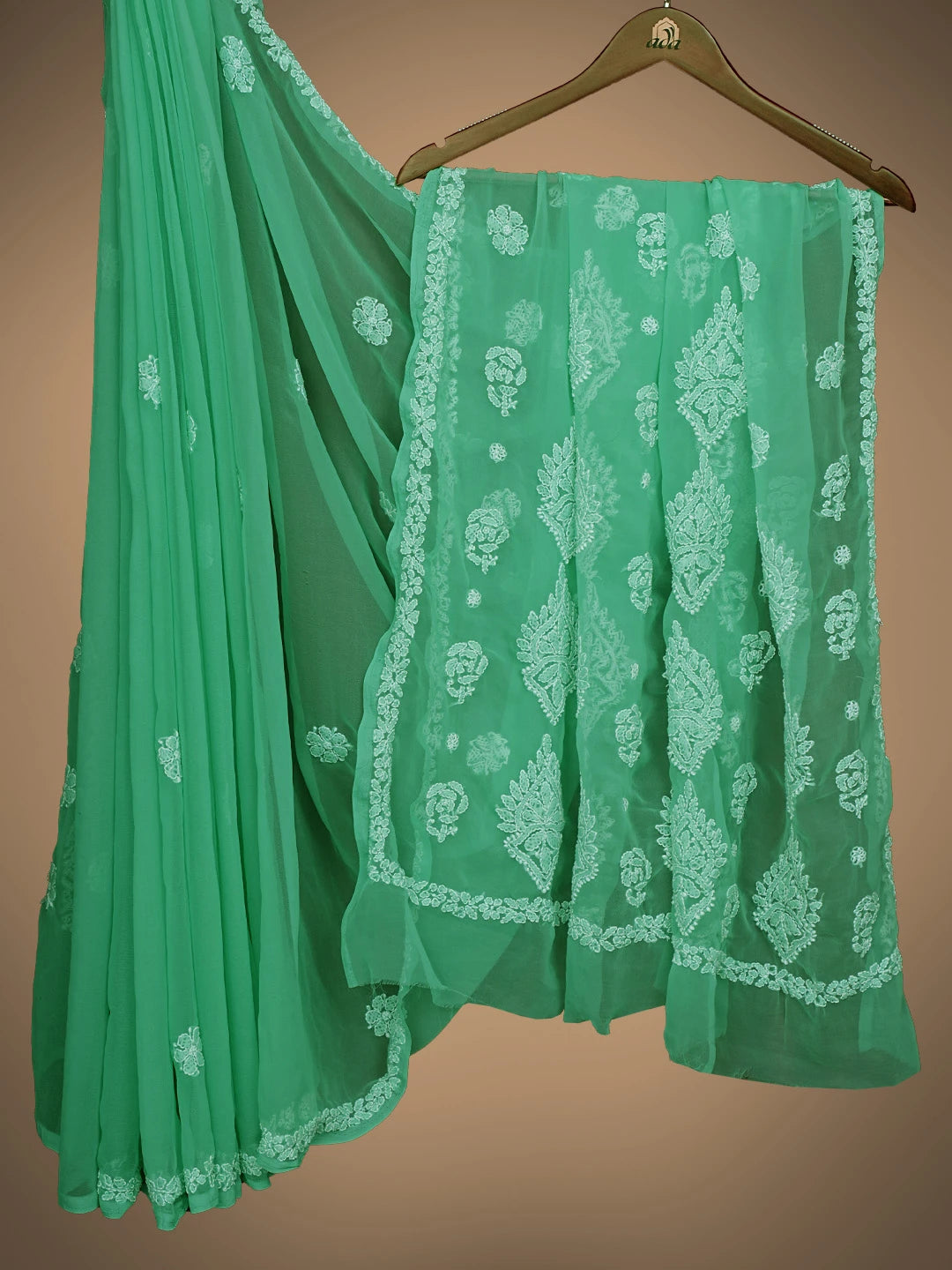 Ada Hand Embroidered Green Georgette Lucknowi Chikankari Saree and Blouse 01A823316