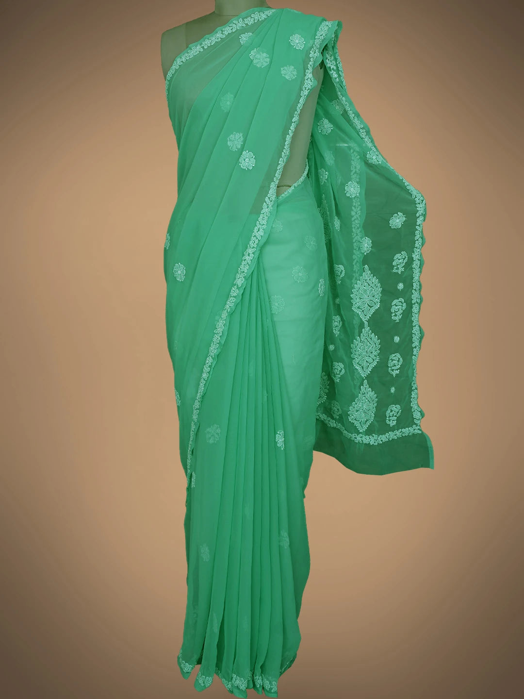 Ada Hand Embroidered Green Georgette Lucknowi Chikankari Saree and Blouse 01A823316