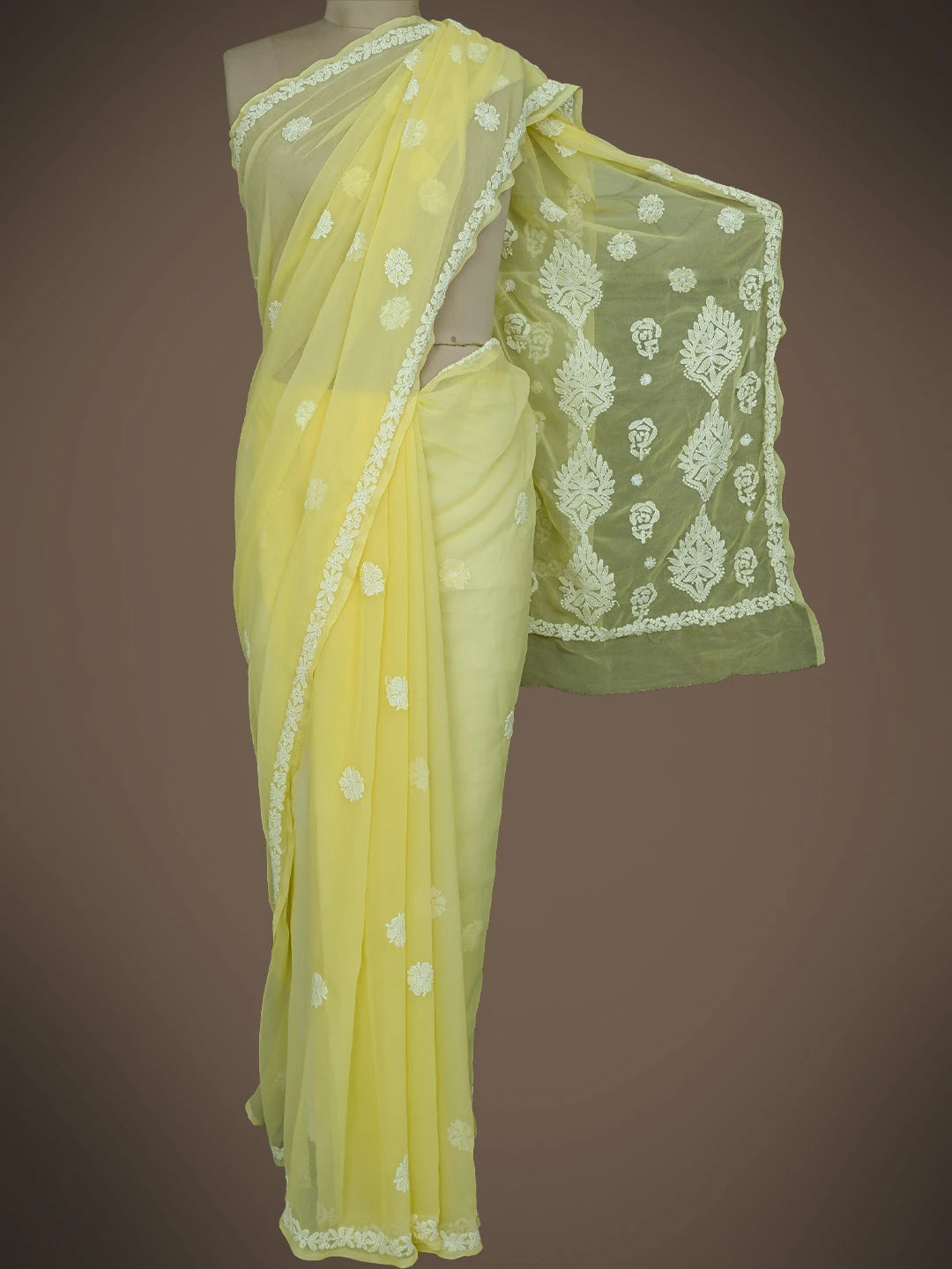 Ada Hand Embroidered Yellow Georgette Lucknowi Chikankari Saree and Blouse 01A823318