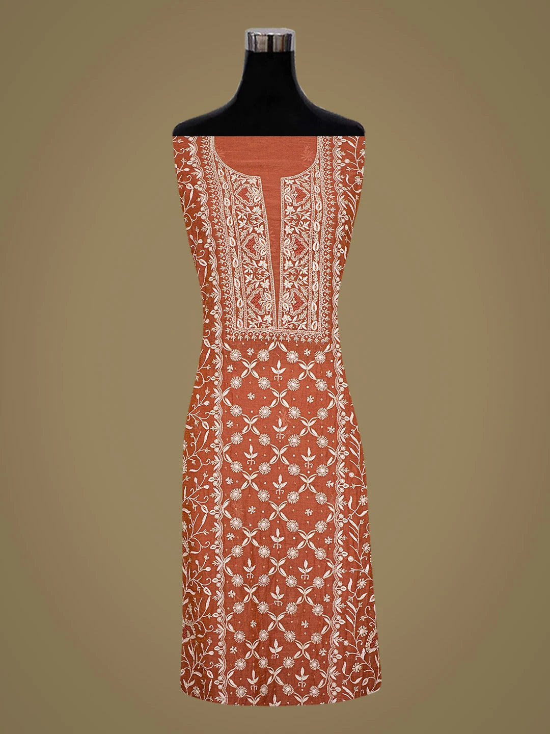 Ada Hand Embroidered Rust Tissue Lucknowi Chikankari Unstitched Kurta Dupatta Set With Cutdana Work 01A718622