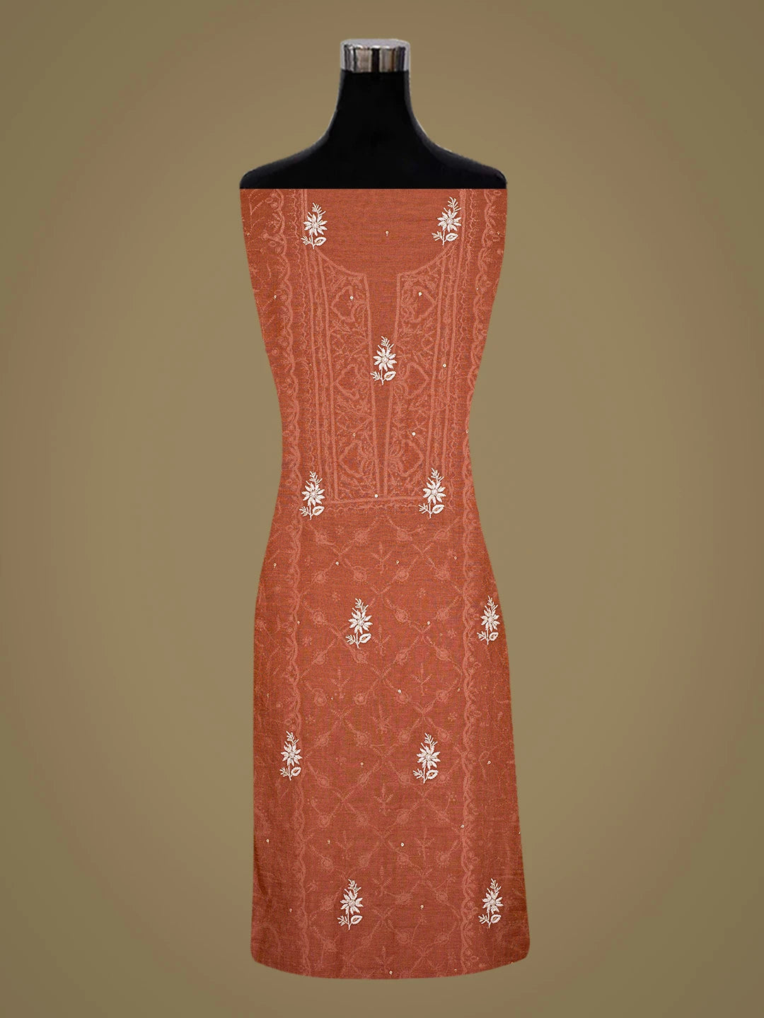 Ada Hand Embroidered Rust Tissue Lucknowi Chikankari Unstitched Kurta Dupatta Set With Cutdana Work 01A718622