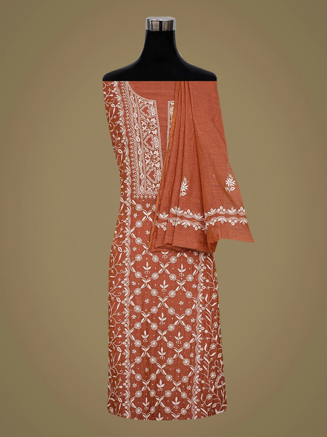 Ada Hand Embroidered Rust Tissue Lucknowi Chikankari Unstitched Kurta Dupatta Set With Cutdana Work 01A718622
