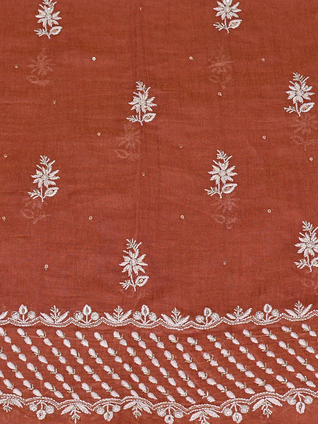 Ada Hand Embroidered Rust Tissue Lucknowi Chikankari Unstitched Kurta Dupatta Set With Cutdana Work 01A718622