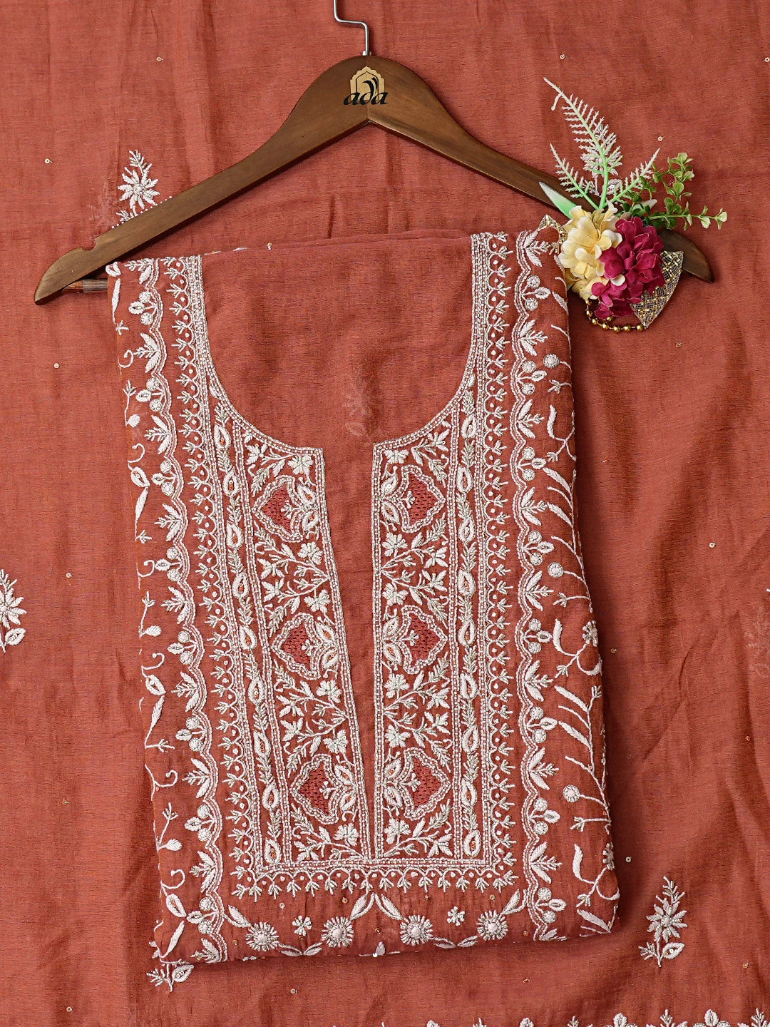 Ada Hand Embroidered Rust Tissue Lucknowi Chikankari Unstitched Kurta Dupatta Set With Cutdana Work 01A718622