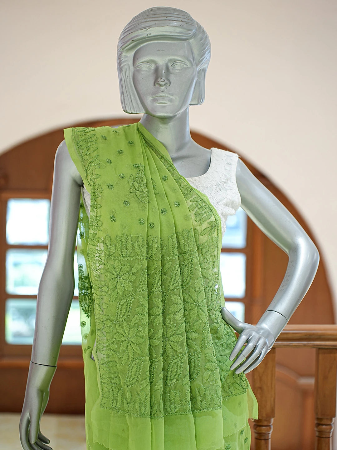 Ada Hand Embroidered Green Georgette Lucknowi Chikankari Saree and Blouse 01A823572