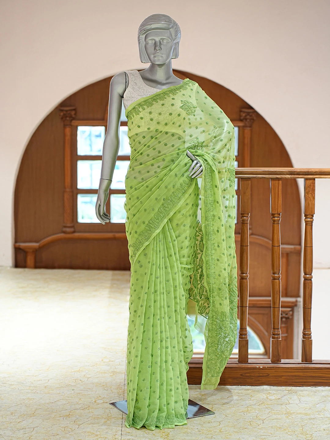 Ada Hand Embroidered Green Georgette Lucknowi Chikankari Saree and Blouse 01A823572