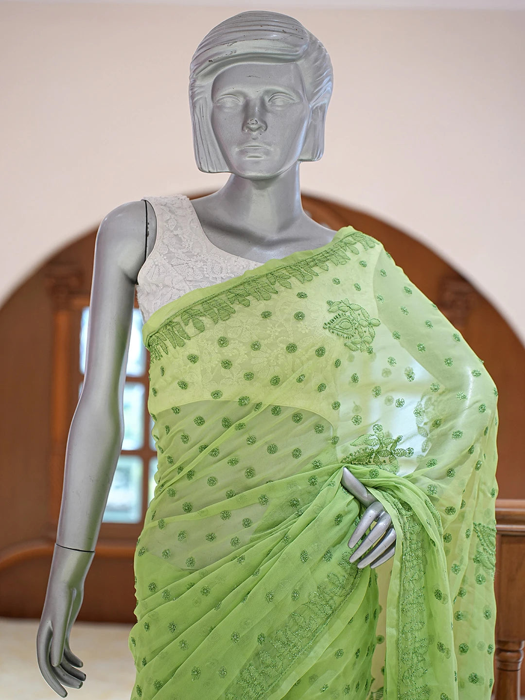 Ada Hand Embroidered Green Georgette Lucknowi Chikankari Saree and Blouse 01A823572