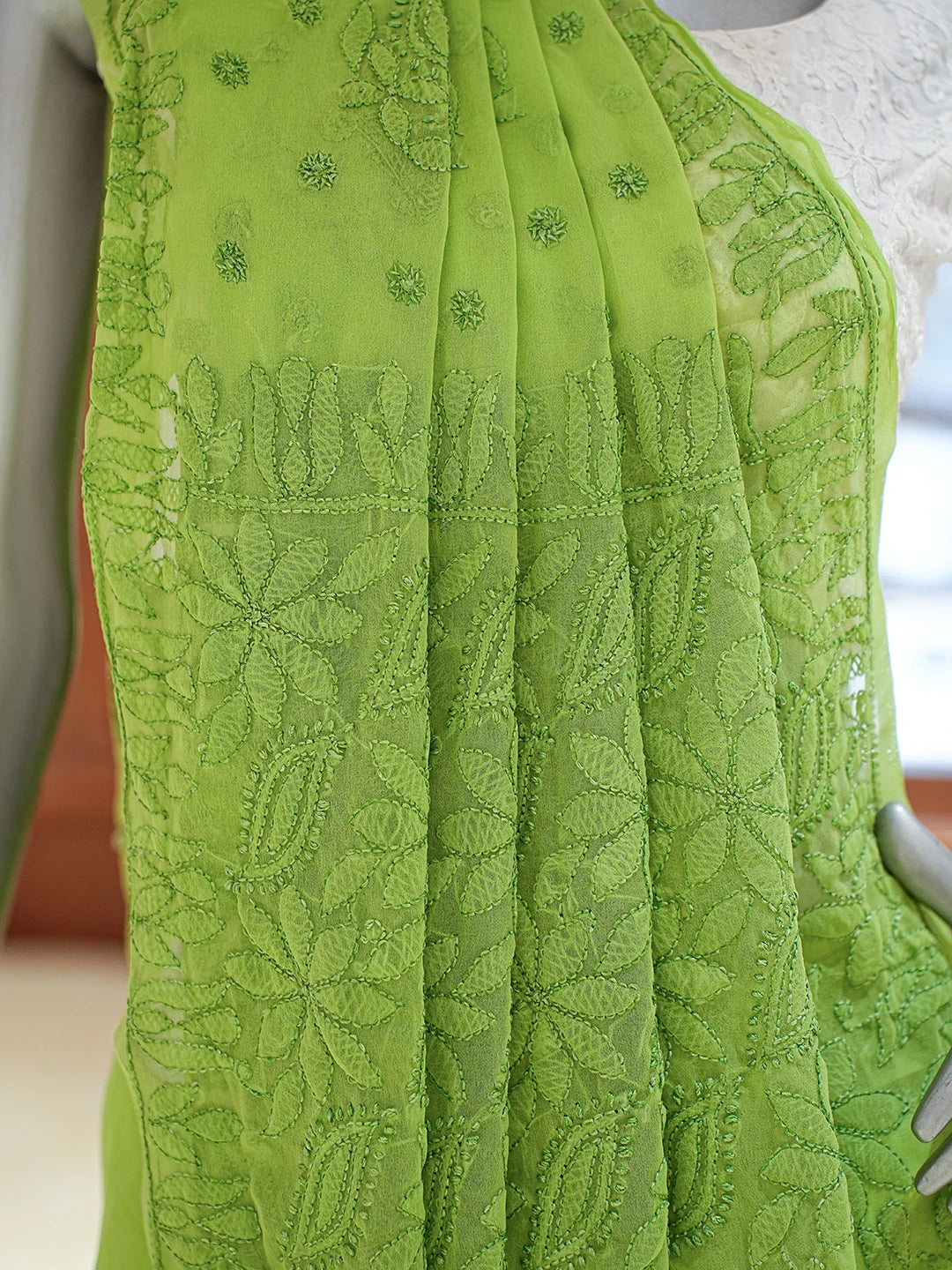 Ada Hand Embroidered Green Georgette Lucknowi Chikankari Saree and Blouse 01A823572