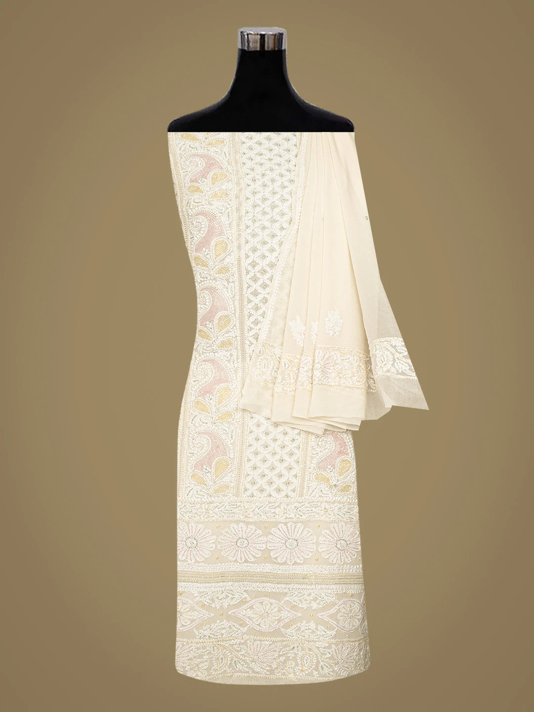 Ada Hand Embroidered White Pure Georgette Lucknowi Chikankari Unstitched Kurta Dupatta Set With Cutdana Work 01A774284