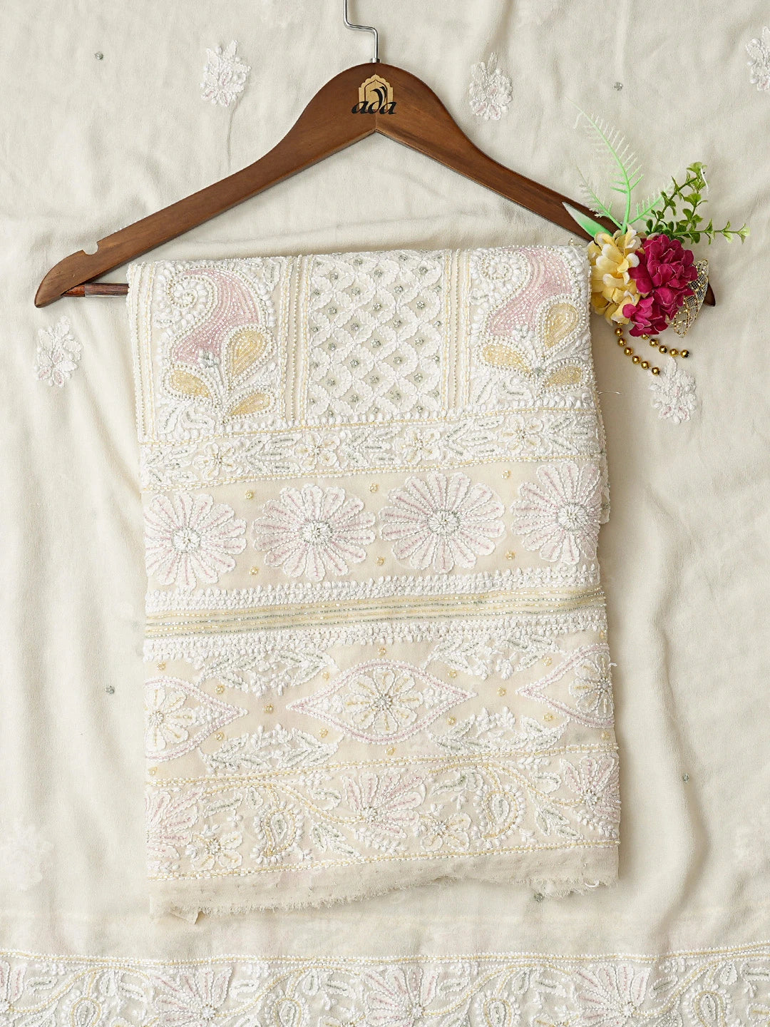Ada Hand Embroidered White Pure Georgette Lucknowi Chikankari Unstitched Kurta Dupatta Set With Cutdana Work 01A774284