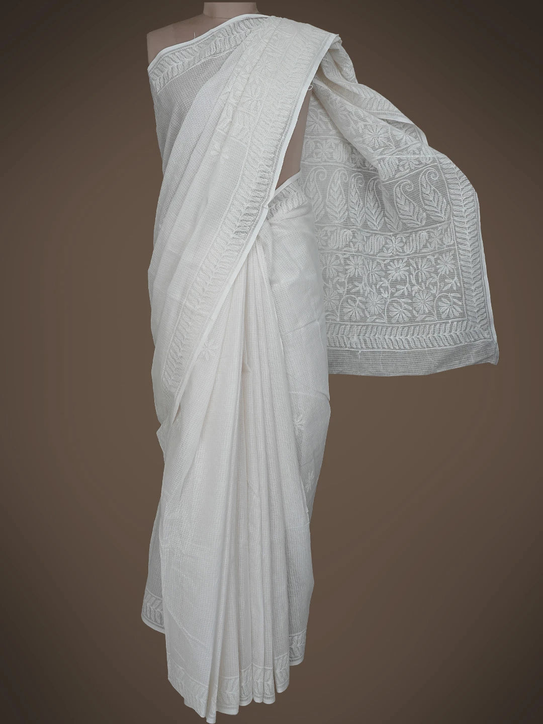 Ada Hand Embroidered White Kota Lucknowi Chikankari Saree and Blouse 01A754315