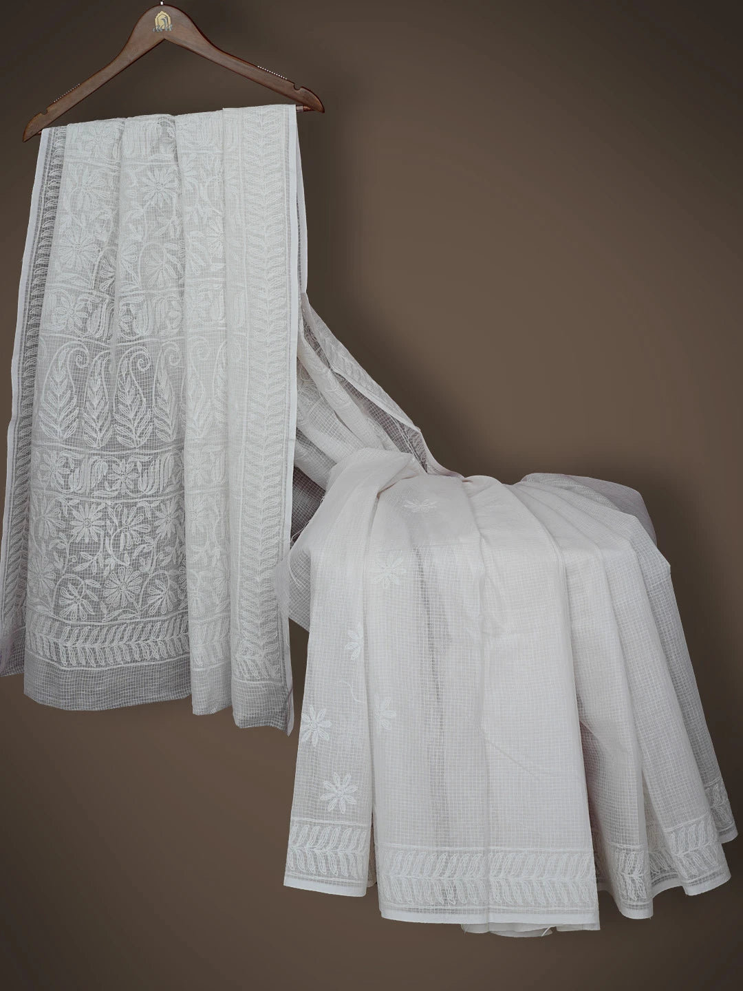 Ada Hand Embroidered White Kota Lucknowi Chikankari Saree and Blouse 01A754315