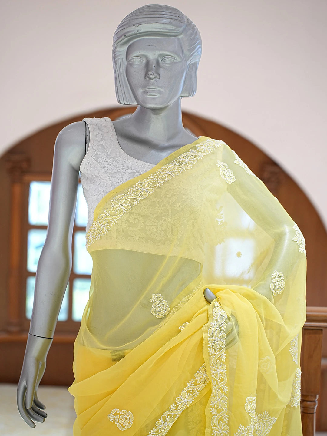 Ada Hand Embroidered Yellow Georgette Lucknowi Chikankari Saree and Blouse 01A823313