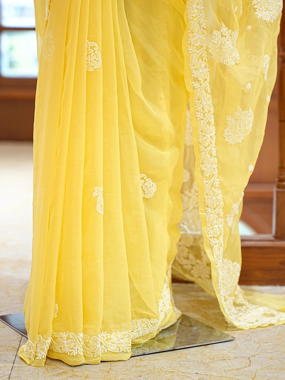 Ada Hand Embroidered Yellow Georgette Lucknowi Chikankari Saree and Blouse 01A823313