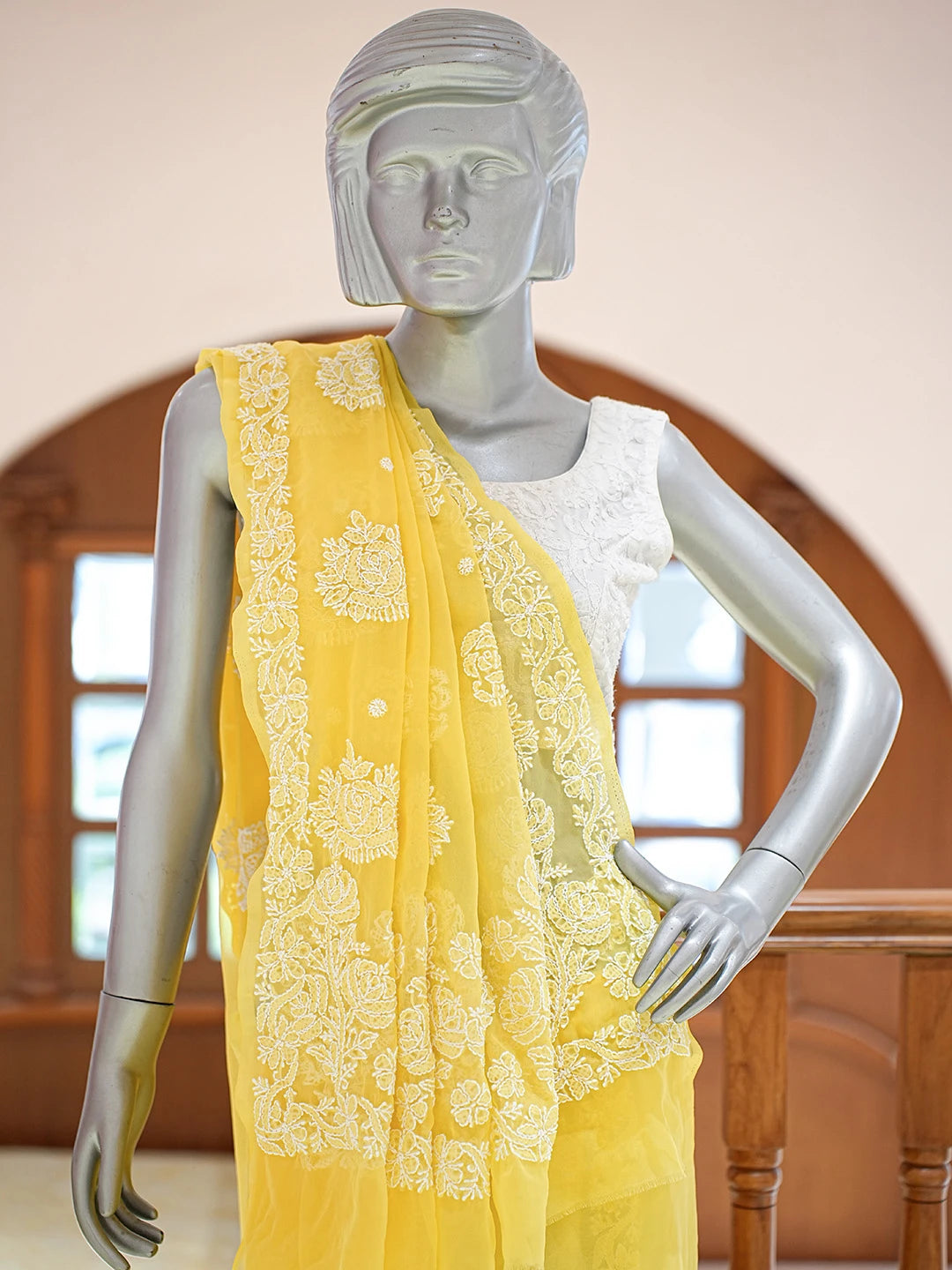 Ada Hand Embroidered Yellow Georgette Lucknowi Chikankari Saree and Blouse 01A823313