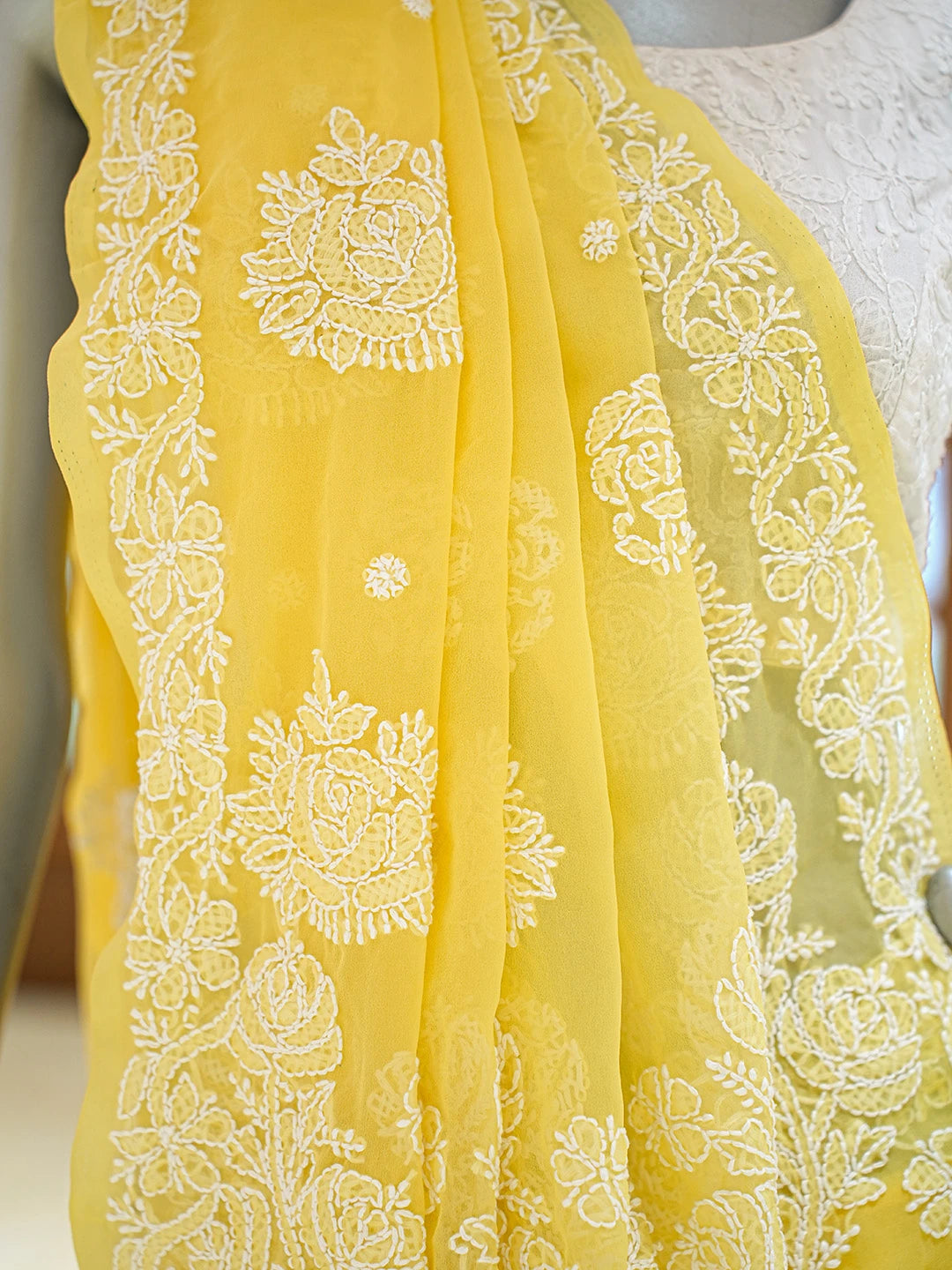 Ada Hand Embroidered Yellow Georgette Lucknowi Chikankari Saree and Blouse 01A823313