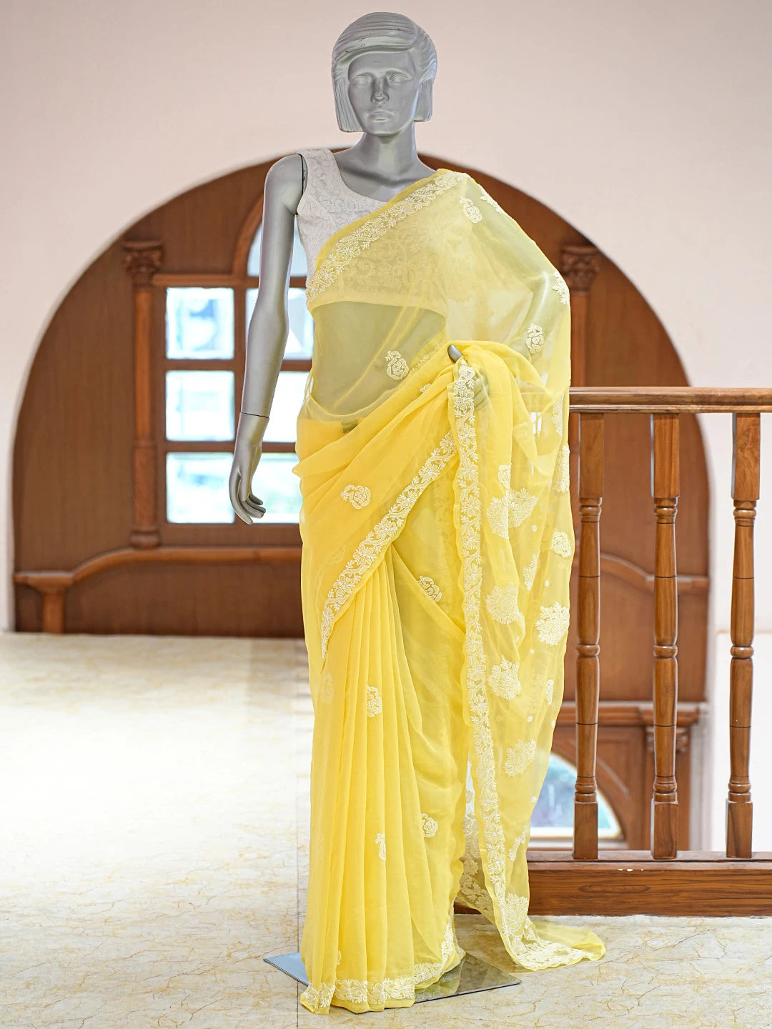 Ada Hand Embroidered Yellow Georgette Lucknowi Chikankari Saree and Blouse 01A823313