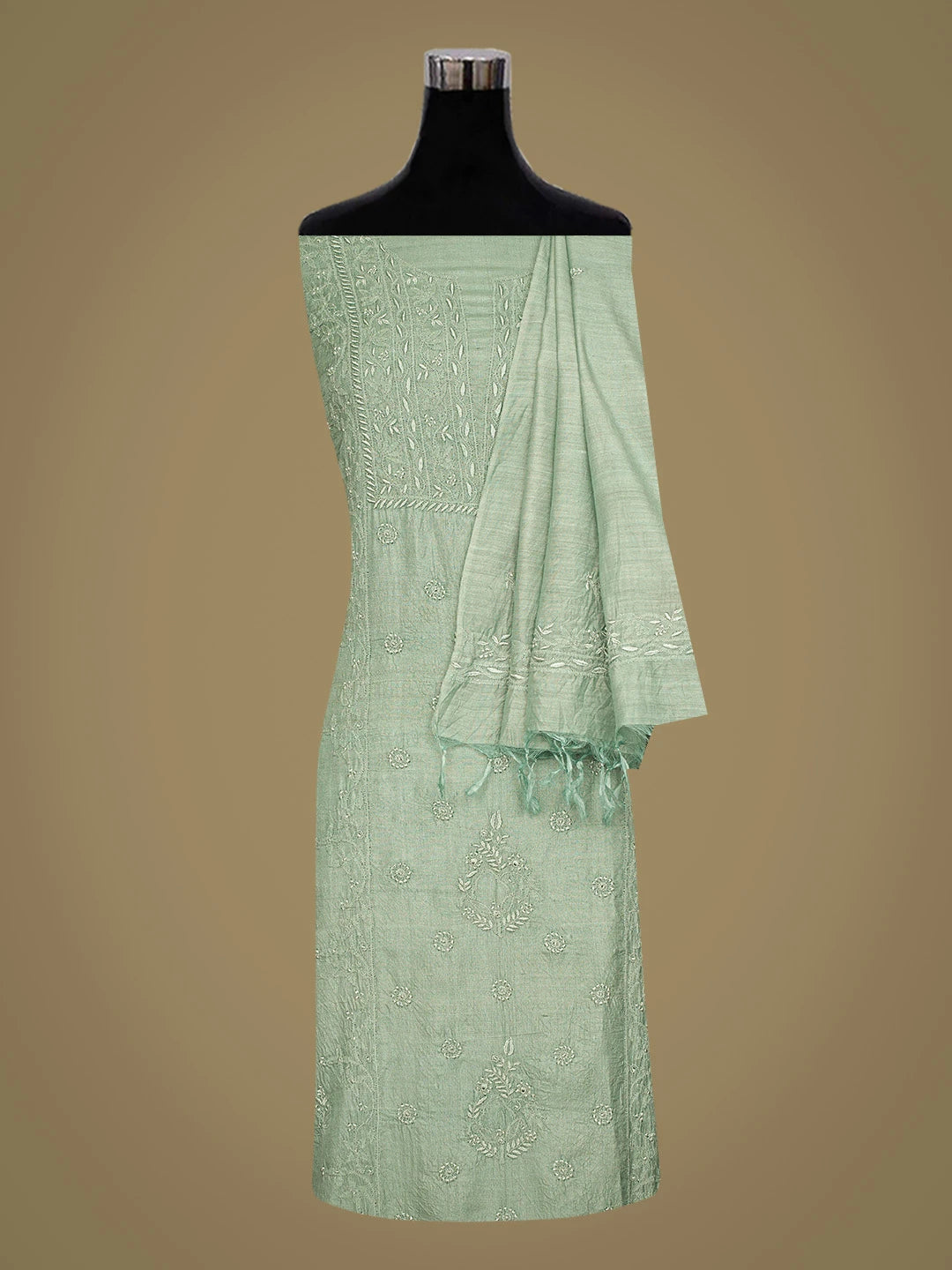 Ada Hand Embroidered Green Tussar Silk Lucknowi Chikankari Unstitched Kurta Dupatta Set 01A793115