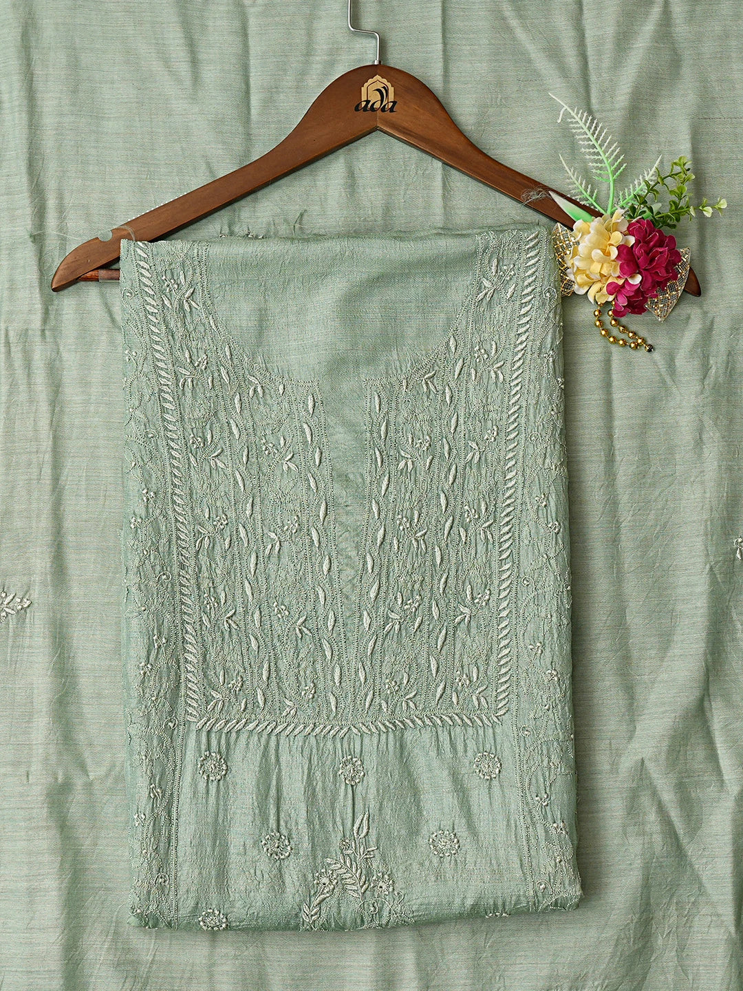 Ada Hand Embroidered Green Tussar Silk Lucknowi Chikankari Unstitched Kurta Dupatta Set 01A793115