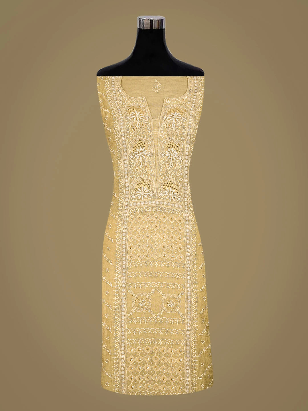 Ada Hand Embroidered Fawn Tissue Lucknowi Chikankari Unstitched Kurta Dupatta Set With Cutdana Work 01A718653