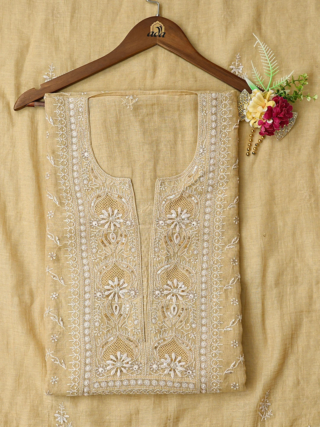 Ada Hand Embroidered Fawn Tissue Lucknowi Chikankari Unstitched Kurta Dupatta Set With Cutdana Work 01A718653