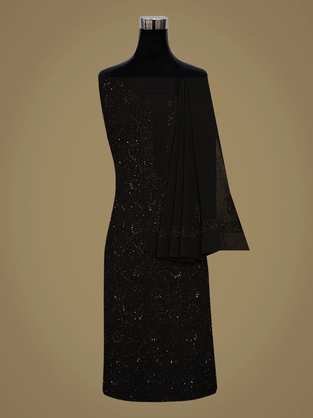 Ada Hand Embroidered Black Pure Georgette Lucknowi Chikankari Unstitched Kurta Dupatta Set With Cutdana Work 01A736440