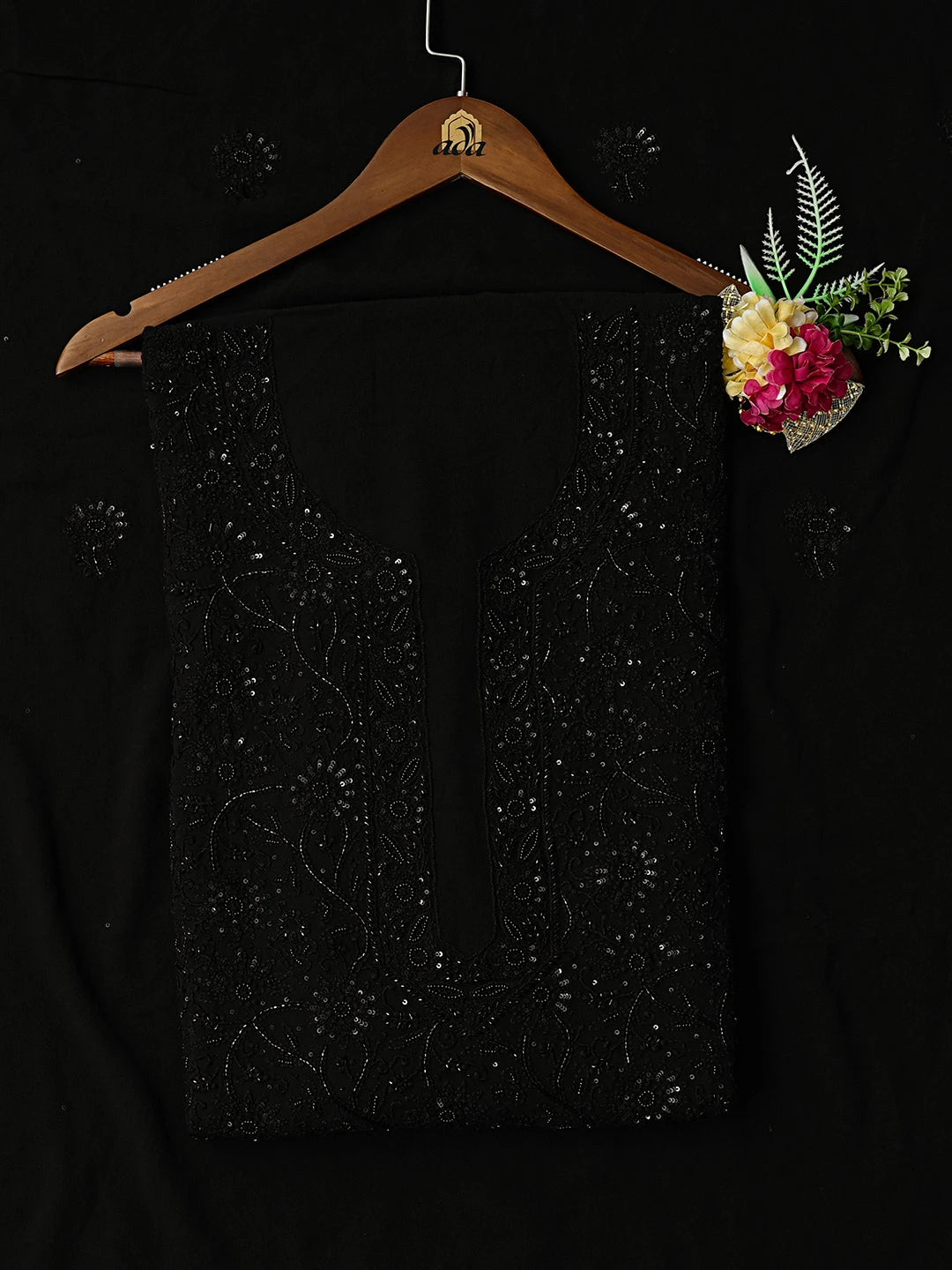 Ada Hand Embroidered Black Pure Georgette Lucknowi Chikankari Unstitched Kurta Dupatta Set With Cutdana Work 01A736440