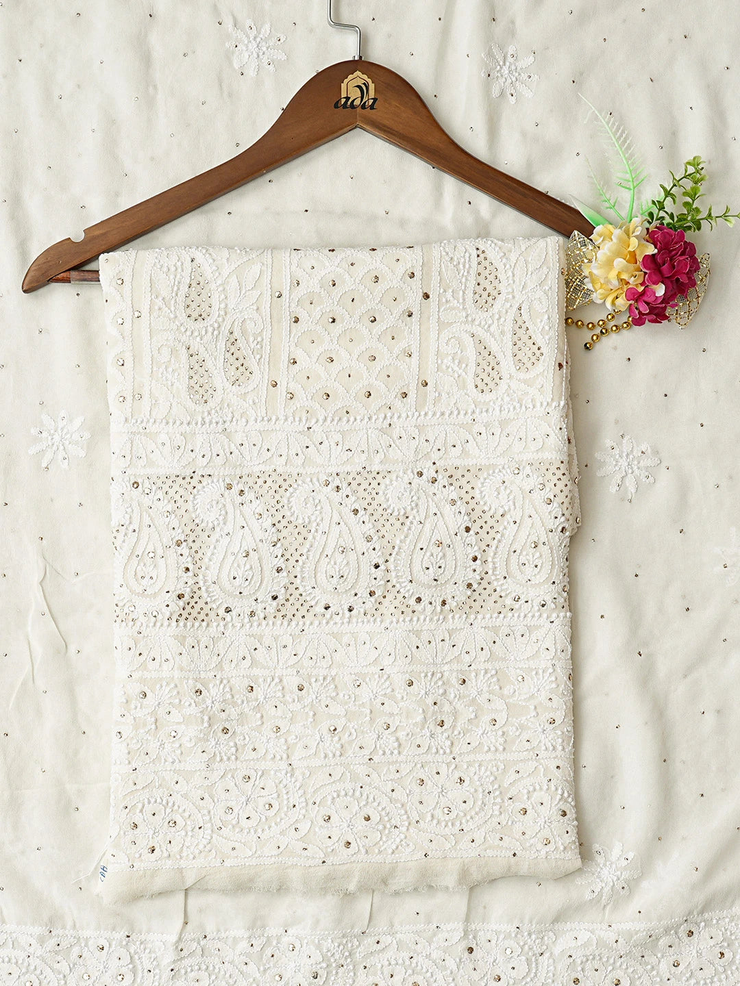 Ada Hand Embroidered White Pure Georgette Lucknowi Chikankari Unstitched Kurta Dupatta Set With Mukaish Work 01A762331