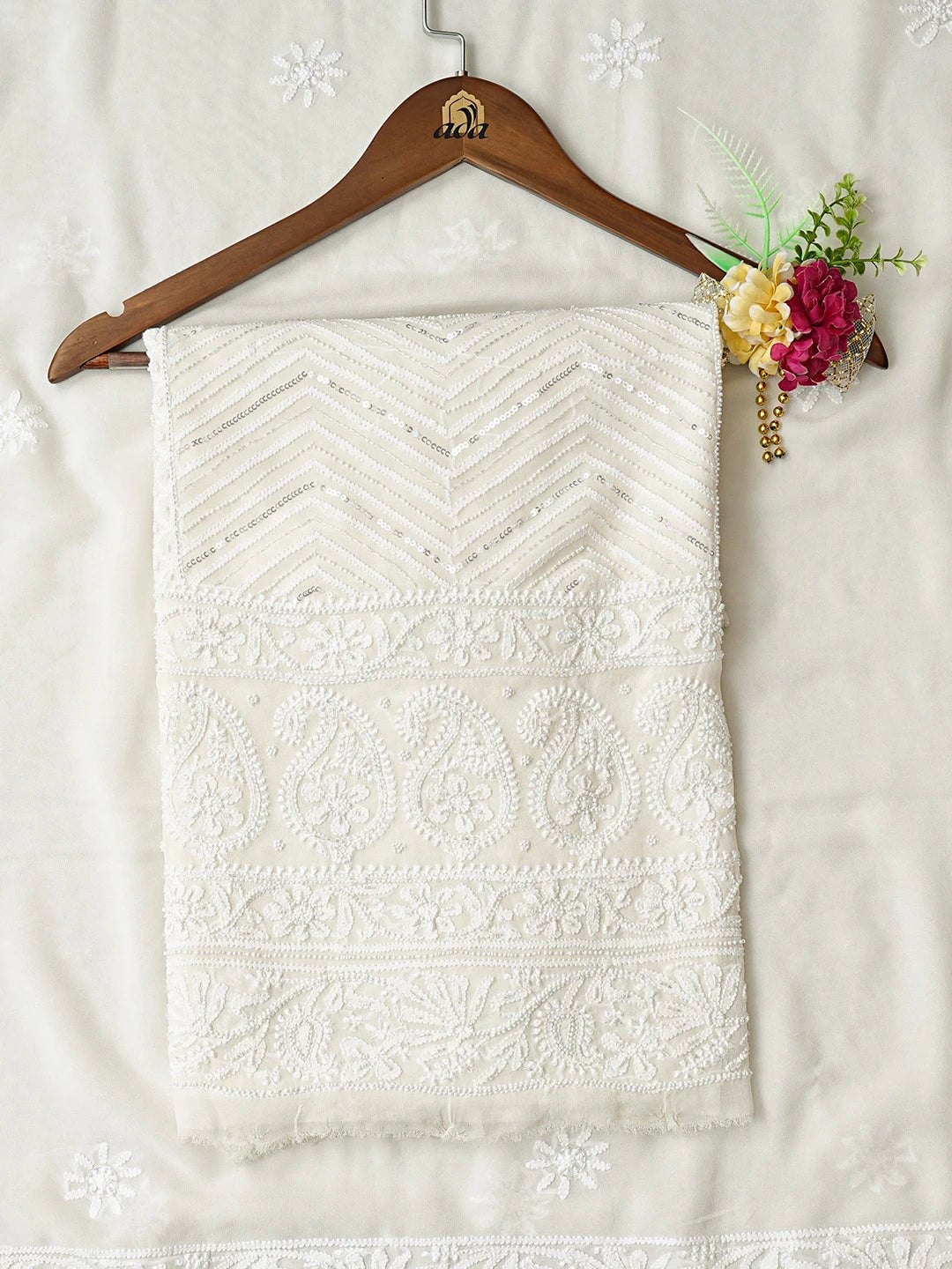 Ada Hand Embroidered White Pure Georgette Lucknowi Chikankari Unstitched Kurta Dupatta Set With Cutdana Work 01A711087