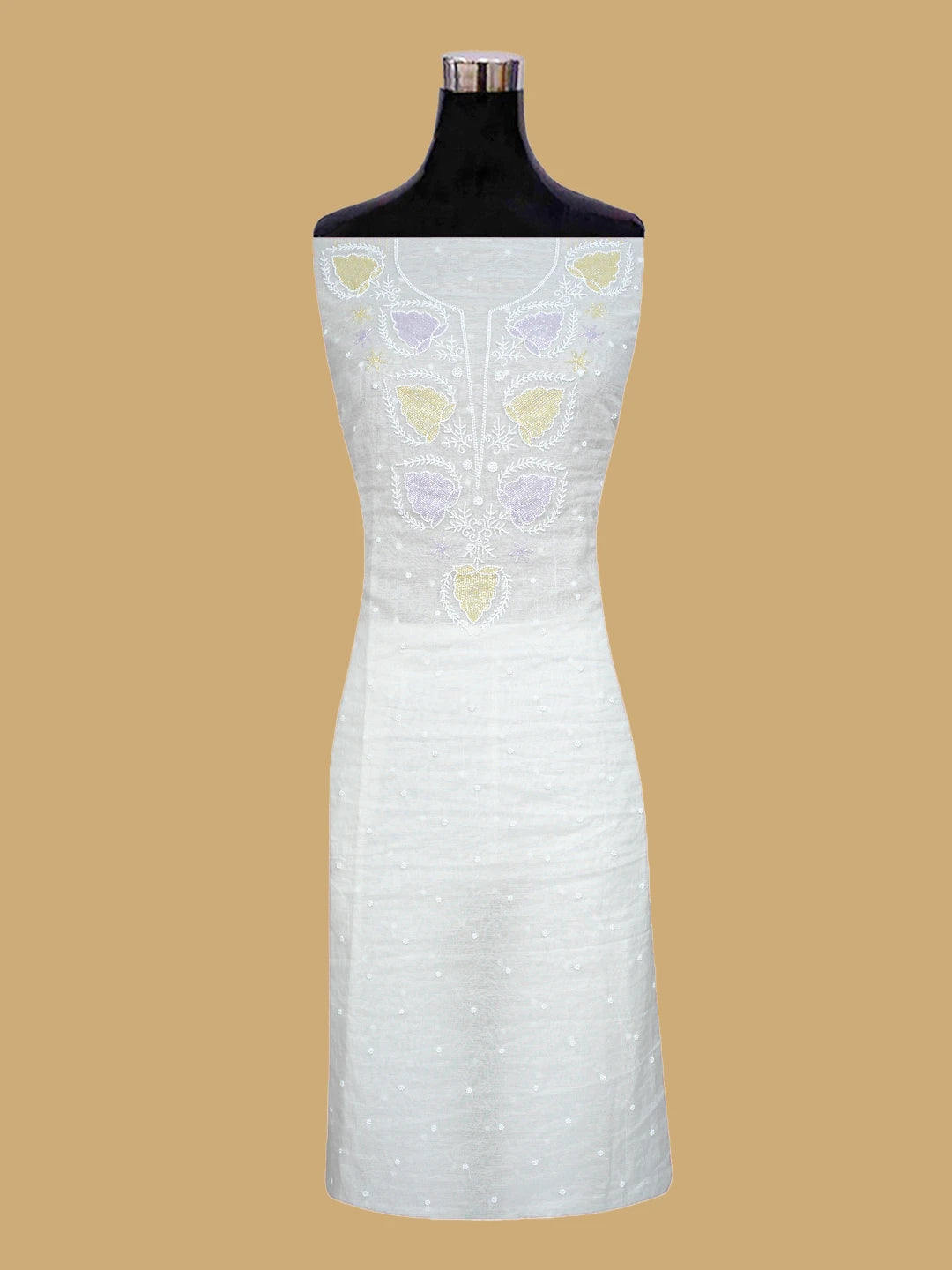 Ada Hand Embroidered Floral White Chanderi Lucknowi Chikankari Unstitched Kurta Dupatta Set With Cutdana Work 01A826363