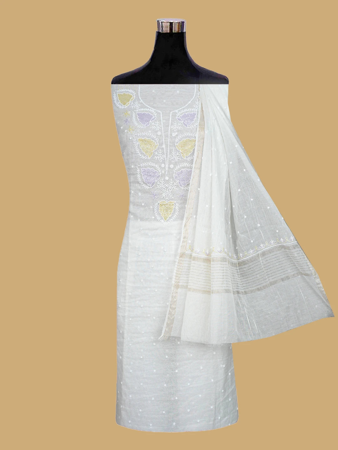 Ada Hand Embroidered Floral White Chanderi Lucknowi Chikankari Unstitched Kurta Dupatta Set With Cutdana Work 01A826363