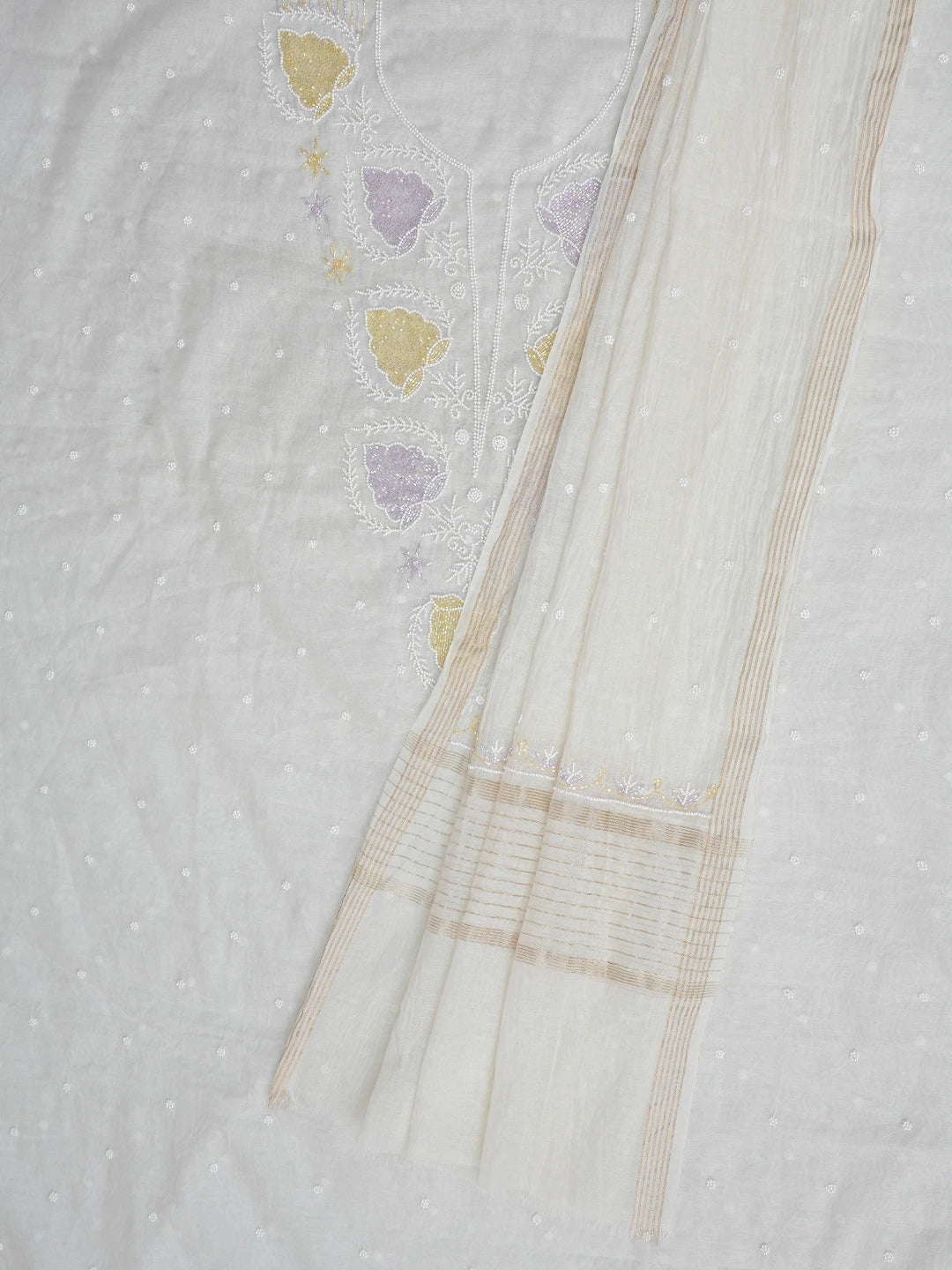 Ada Hand Embroidered Floral White Chanderi Lucknowi Chikankari Unstitched Kurta Dupatta Set With Cutdana Work 01A826363