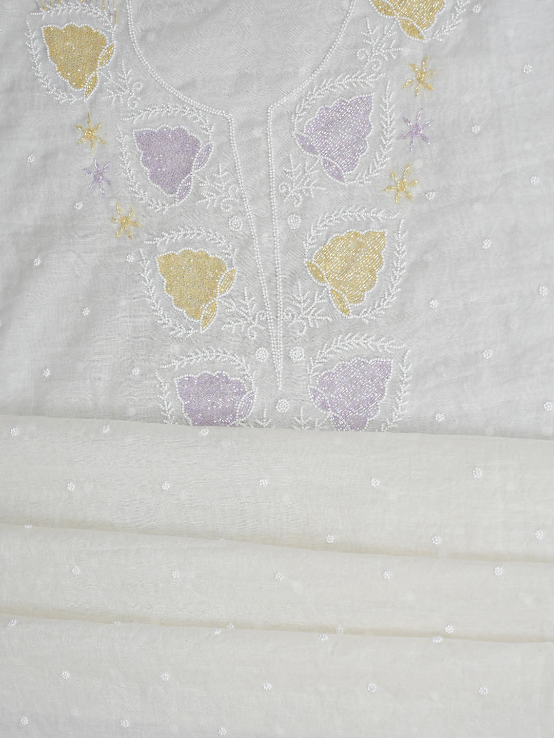 Ada Hand Embroidered Floral White Chanderi Lucknowi Chikankari Unstitched Kurta Dupatta Set With Cutdana Work 01A826363