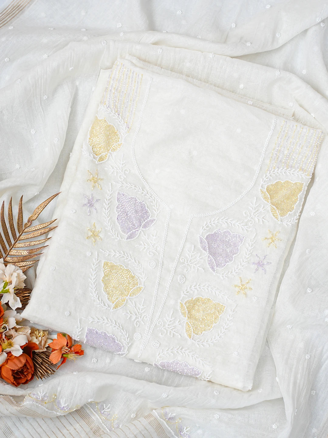 Ada Hand Embroidered Floral White Chanderi Lucknowi Chikankari Unstitched Kurta Dupatta Set With Cutdana Work 01A826363