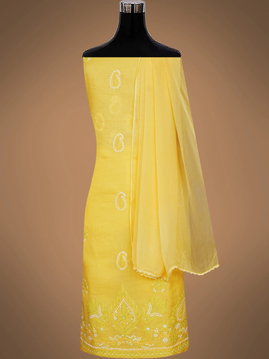 Ada Hand Embroidered Yellow Cotton Lucknowi Chikankari Unstitched Suit Piece 01A818833