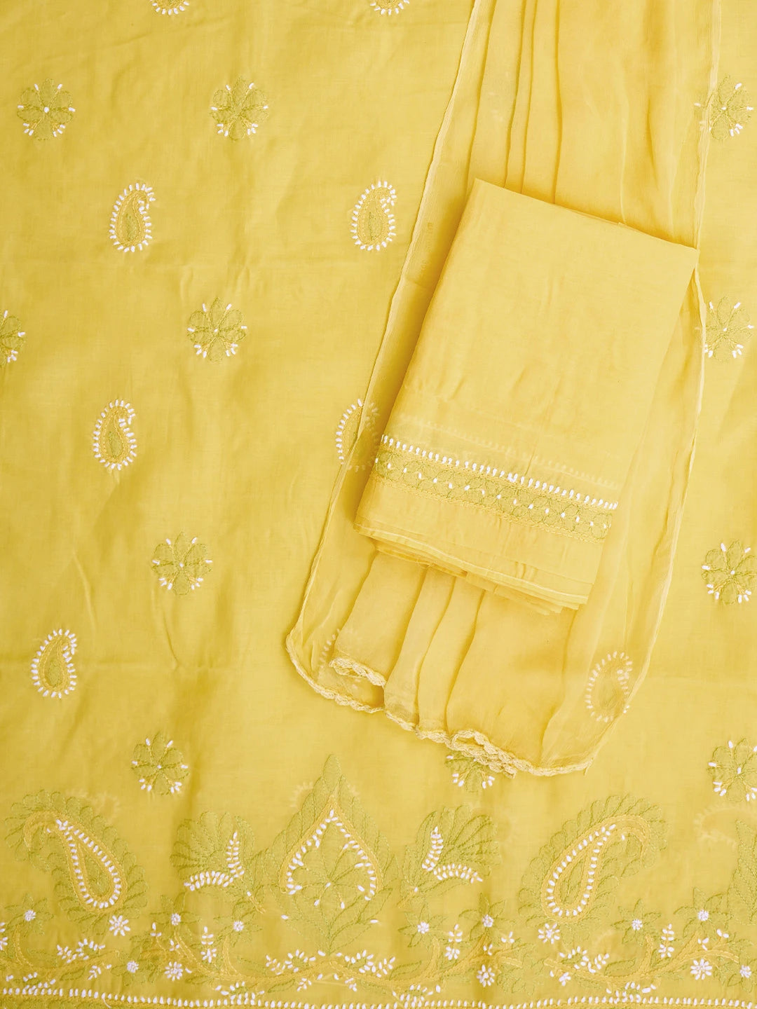 Ada Hand Embroidered Yellow Cotton Lucknowi Chikankari Unstitched Suit Piece 01A818833