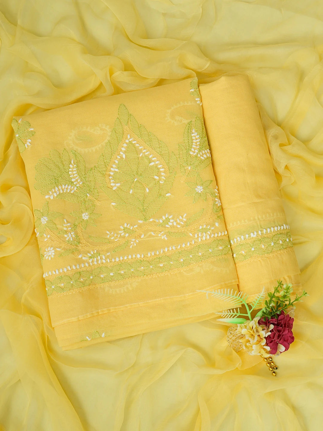 Ada Hand Embroidered Yellow Cotton Lucknowi Chikankari Unstitched Suit Piece 01A818833