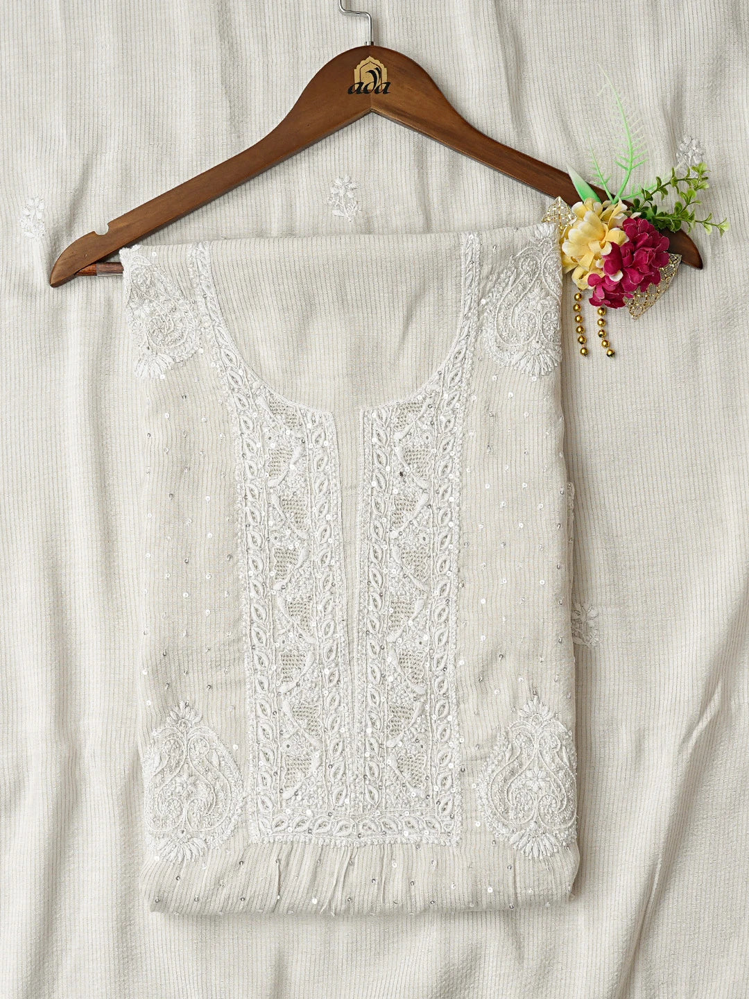 Ada Hand Embroidered Ivory White Chanderi Lucknowi Chikankari Unstitched Kurta Dupatta Set With Cutdana Work 01A737558