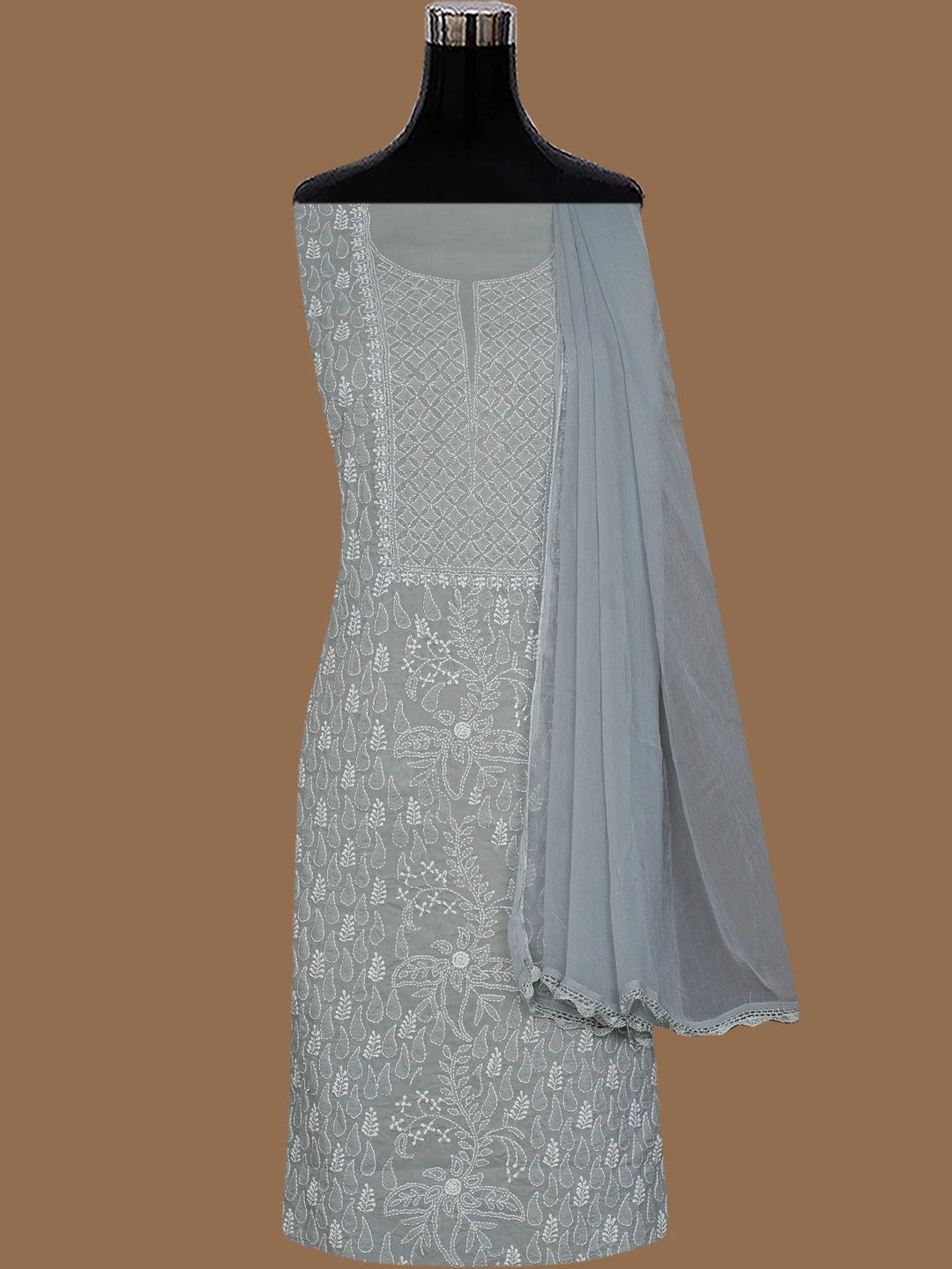 Ada Hand Embroidered Grey Cotton Lucknowi Chikankari Unstitched Suit Piece 01A818606