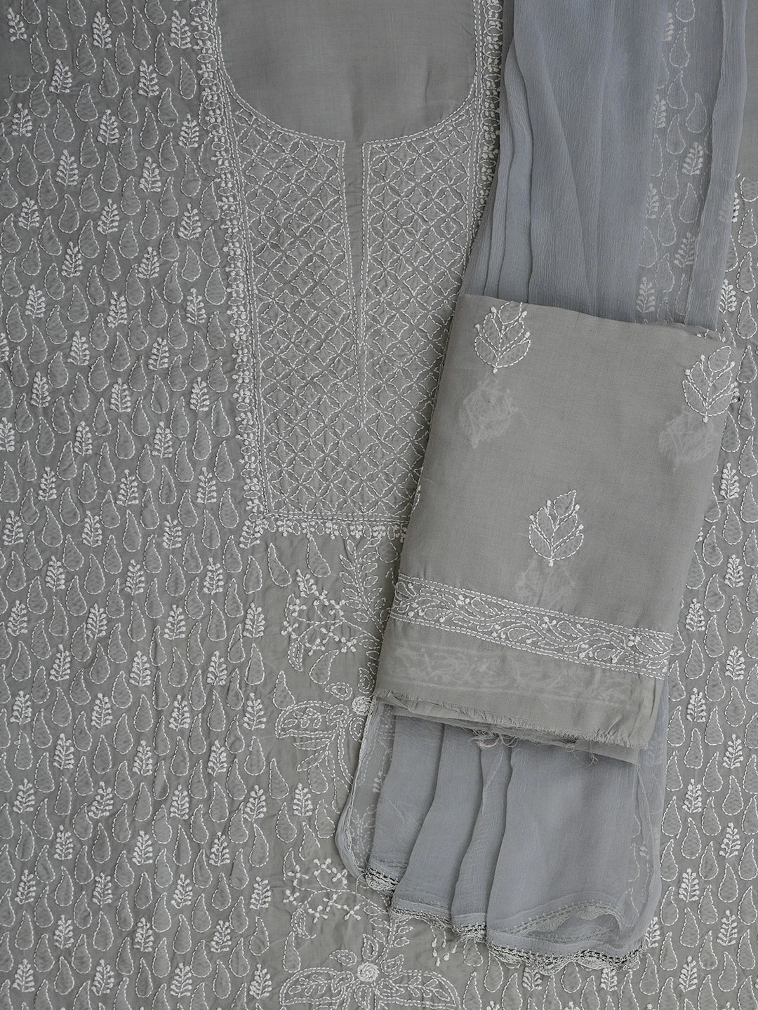 Ada Hand Embroidered Grey Cotton Lucknowi Chikankari Unstitched Suit Piece 01A818606