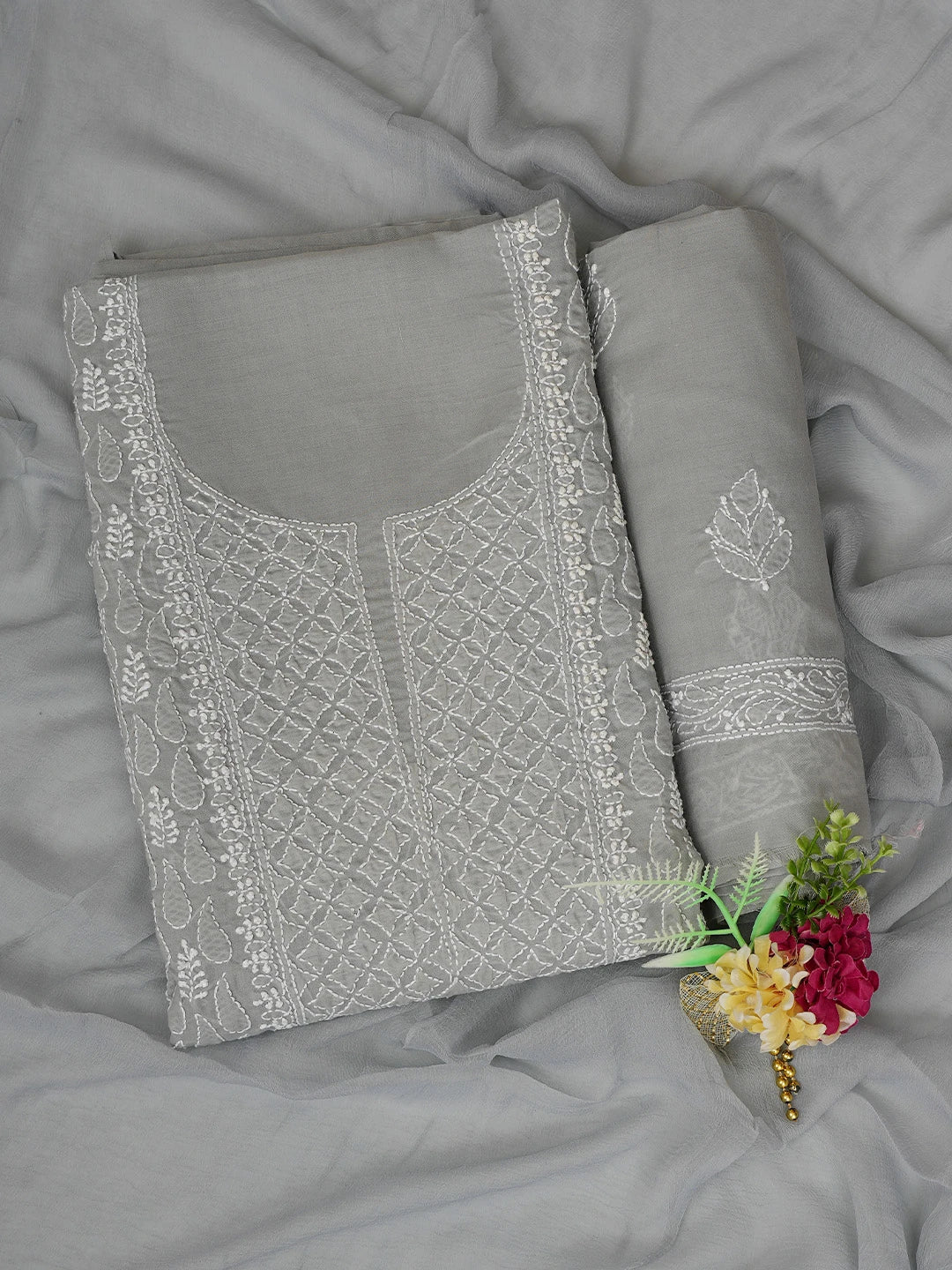 Ada Hand Embroidered Grey Cotton Lucknowi Chikankari Unstitched Suit Piece 01A818606
