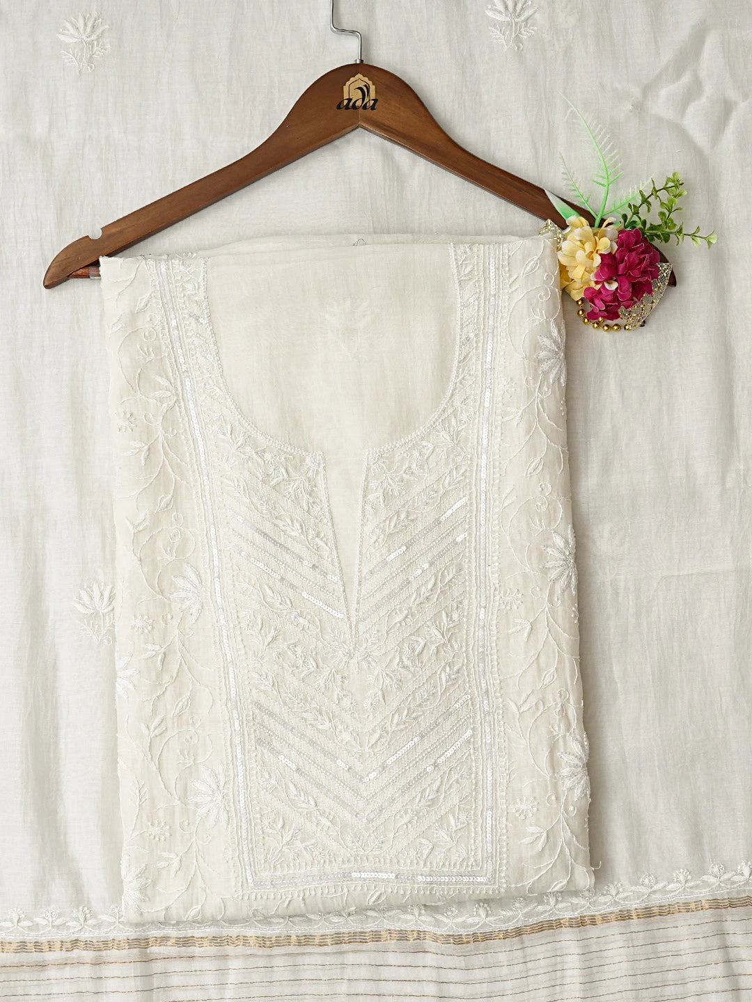 Ada Hand Embroidered Smoke White Chanderi Lucknowi Chikankari Unstitched Kurta Dupatta Set With Cutdana Work 01A699544
