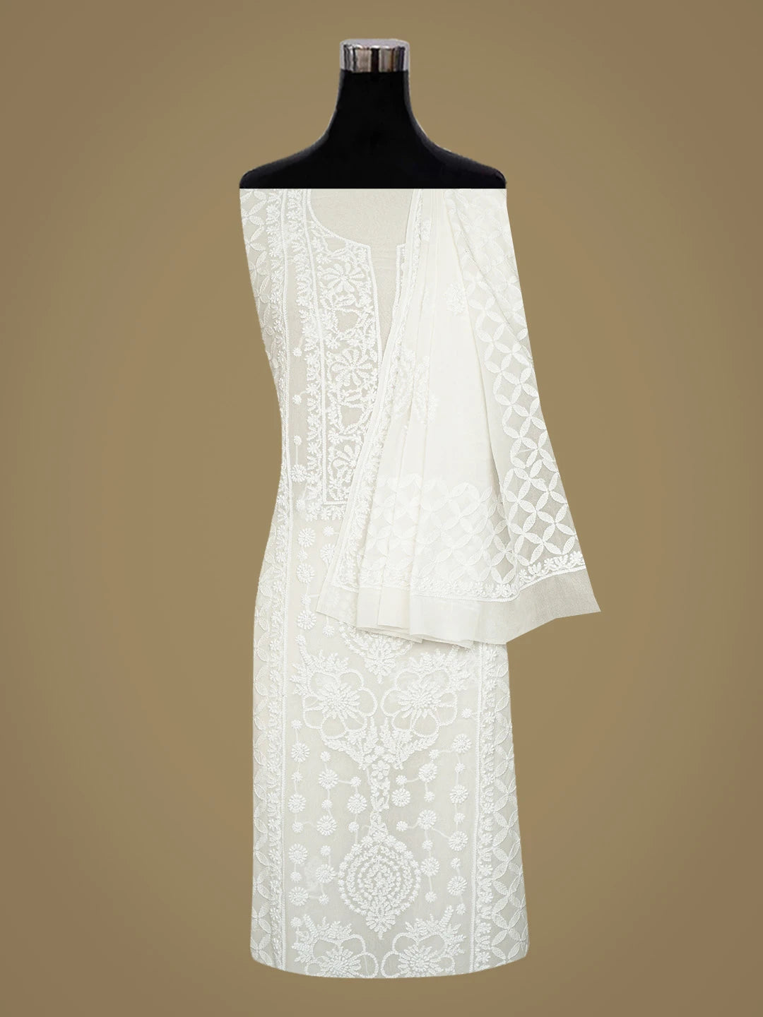 Ada Hand Embroidered White Pure Georgette Lucknowi Chikankari Unstitched Kurta Dupatta Set 01A757624