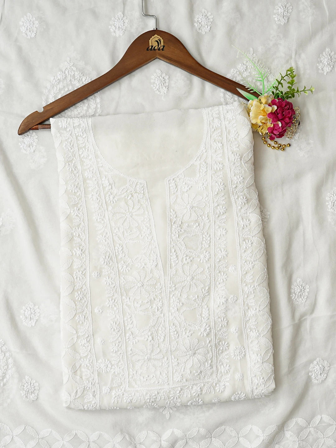 Ada Hand Embroidered White Pure Georgette Lucknowi Chikankari Unstitched Kurta Dupatta Set 01A757624
