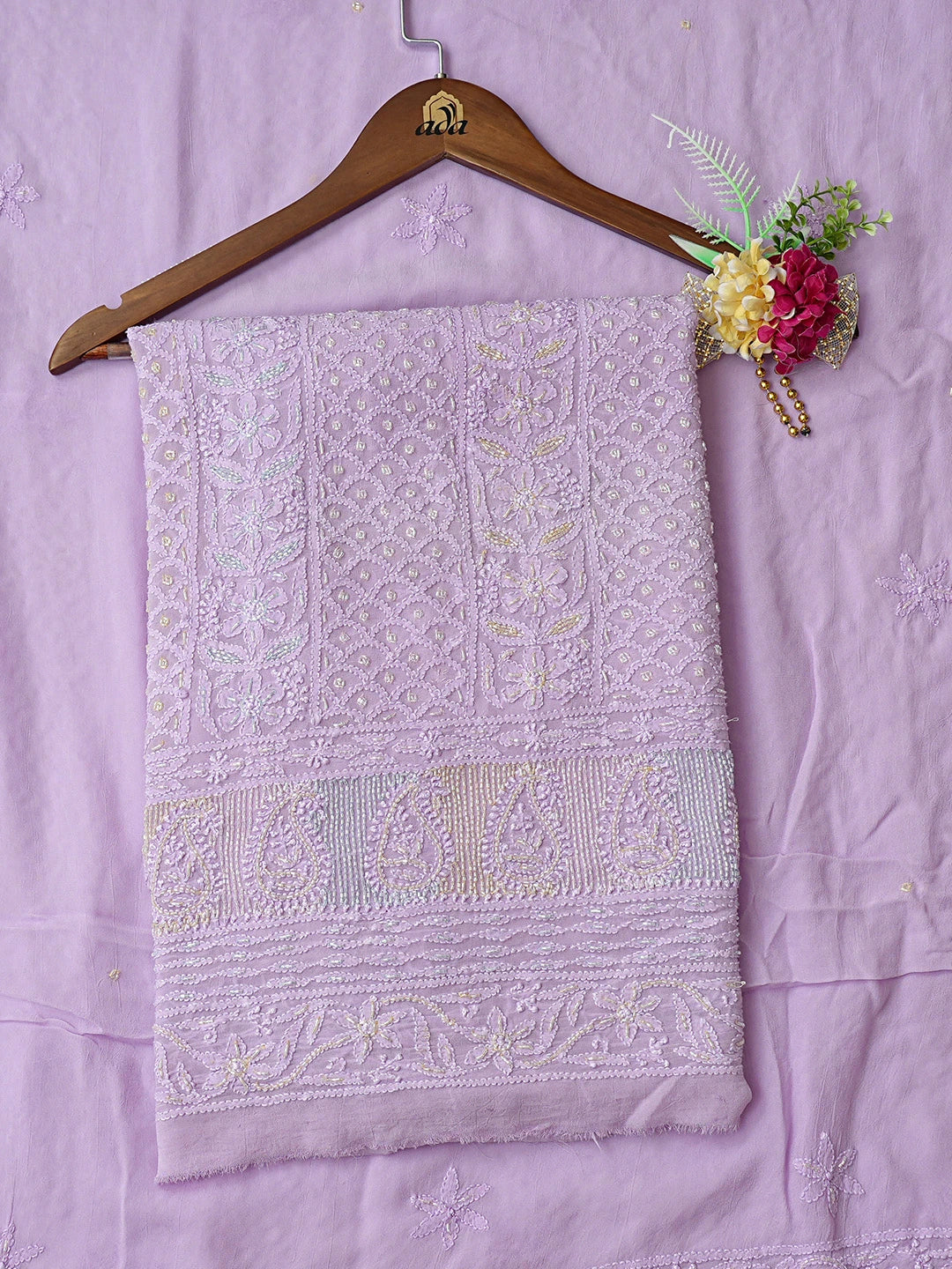 Ada Hand Embroidered Lavender Viscose Georgette Lucknowi Chikankari Unstitched Kurta Dupatta Set With Cutdana Work 01A784863