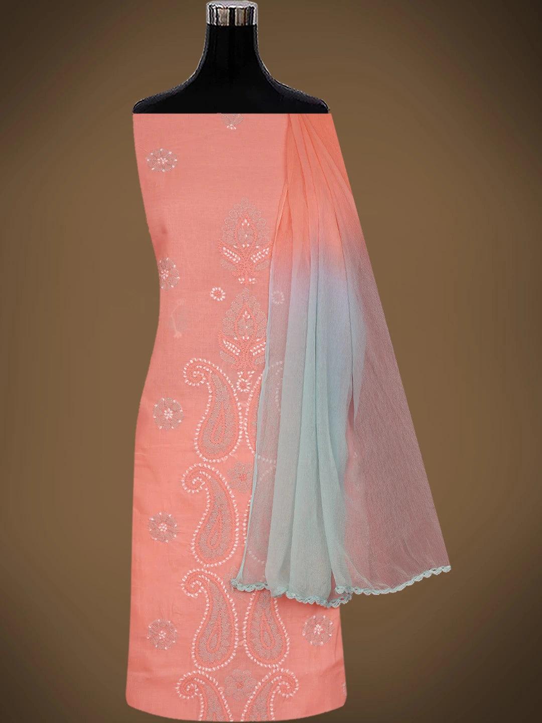 Ada Hand Embroidered Peach Cotton Lucknowi Chikankari Unstitched Suit Piece 01A819250