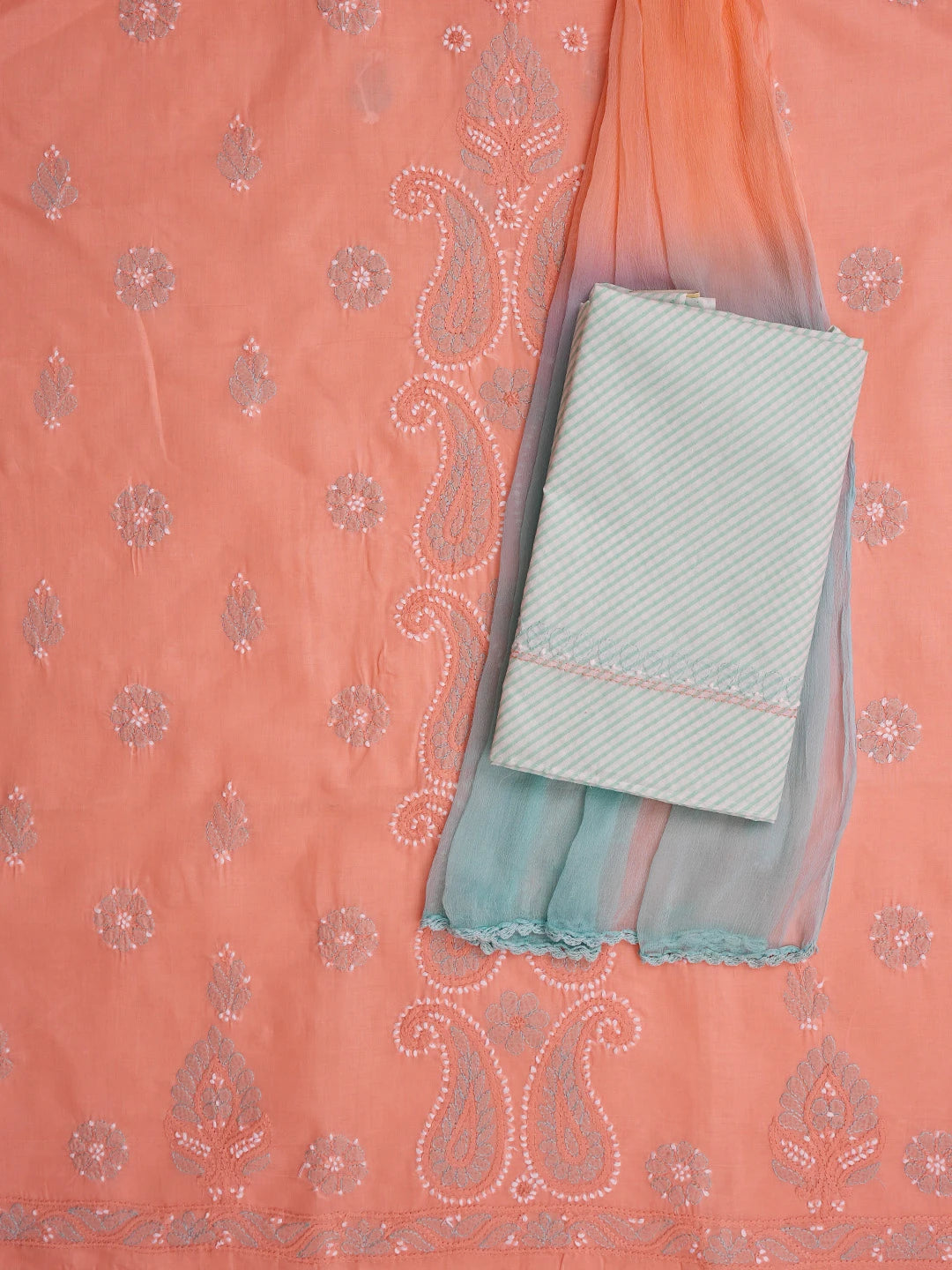 Ada Hand Embroidered Peach Cotton Lucknowi Chikankari Unstitched Suit Piece 01A819250